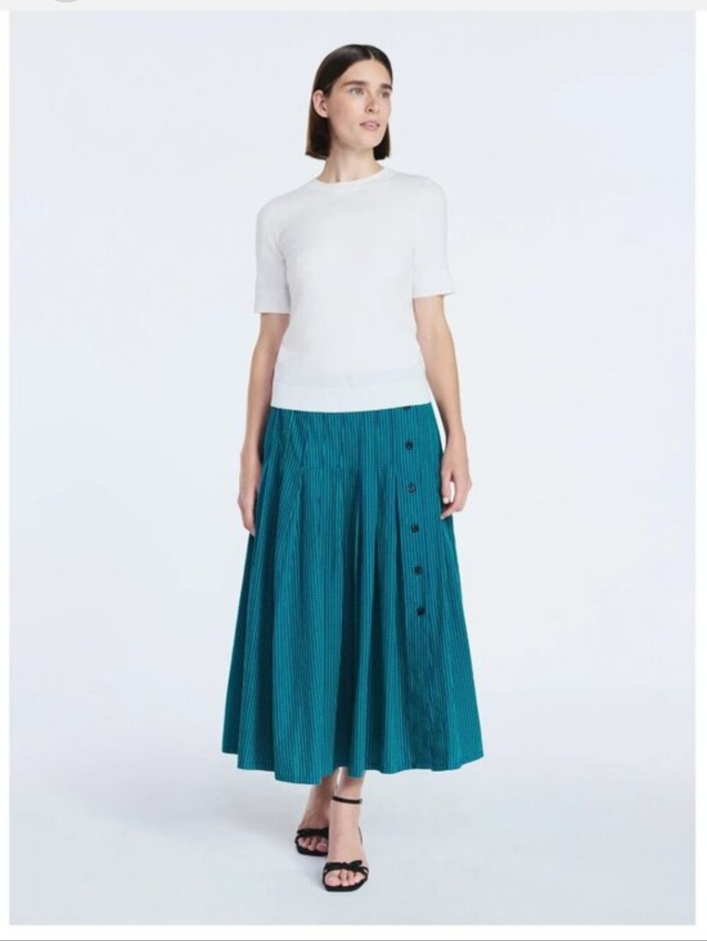 Free Assembly Pleated Green Gingham Maxi Skirt Women US S (4 - 6)